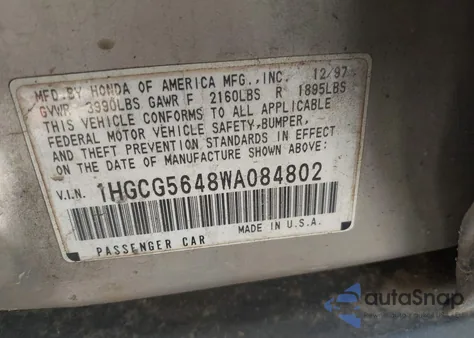 1998 Honda Accord Lx z USA, uszkodzony, nr VIN 1HGCG5648WA084802